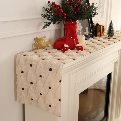 Beige Christmas Tree Table Runner 13x72 Inch Faux Fur Jacquard Seasonal Decor