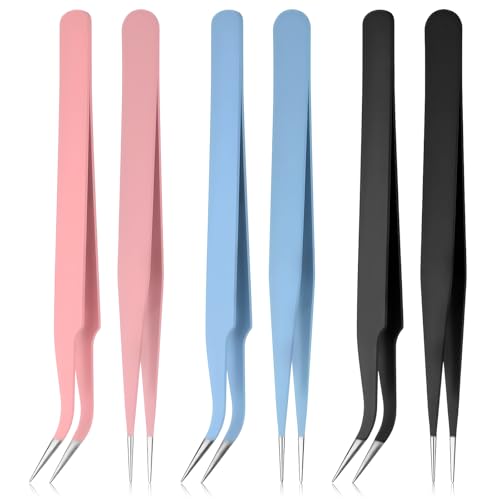 JJUNW 6PCS Stainless Steel Precision Tweezers Set with Protective Caps