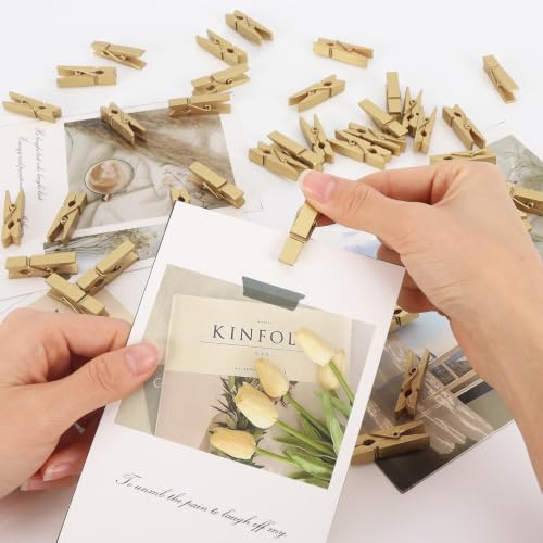 KINYFY 100 Pcs Gold Wooden Clothespins - 1.38 Inch Craft Clips for Photos