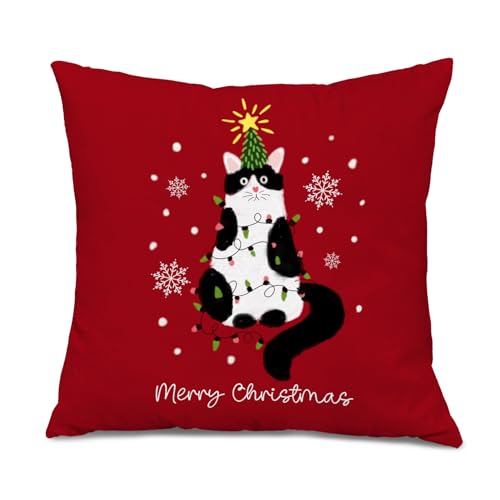 Tuxedo Cat Christmas Pillow Cover 18x18 - Cat Lovers Gift Cat 01