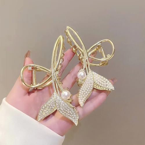 Rannyrena Gold Metal Hair Claw Clips with Pearls and Crystals - Pack of 2