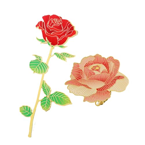 2pcs Elegant Metal Rose and Peony Bookmarks with Tassel Clips