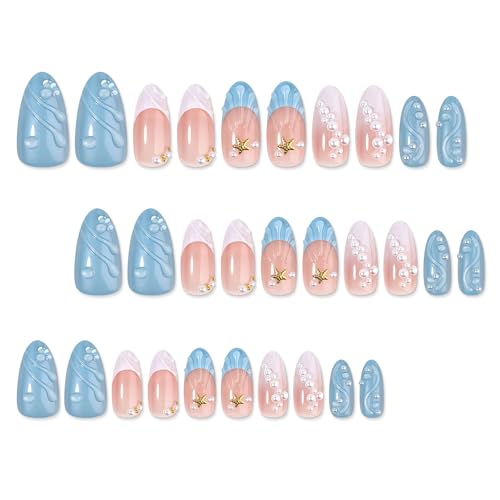 CUZIAM Blue Ocean Press on Nails Medium Almond Pearl Starfish False Nails