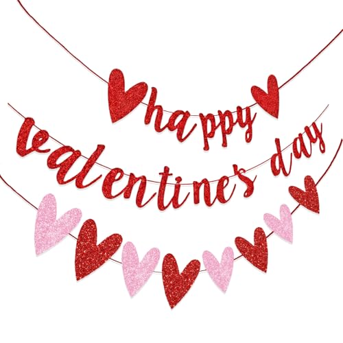 Happy Valentine's Day Glitter Banner with Heart Garland - 9.8 ft