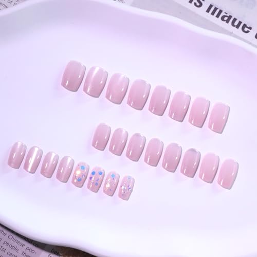 Cat Eye Press On Nails Medium Squoval Nude Pink Acrylic Fake Nails Kit