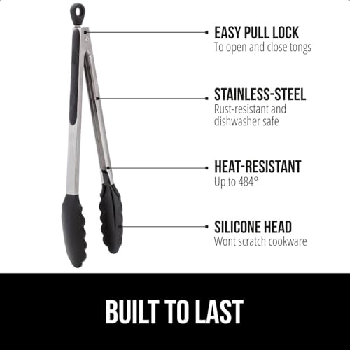 GORILLA GRIP Stainless Steel Kitchen Tongs, 7" 9" 12" - Black