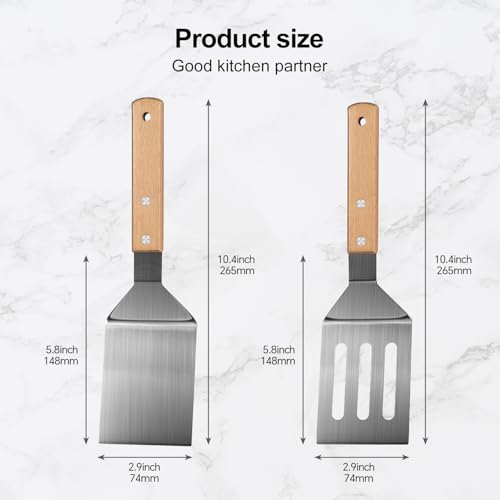 Stainless Steel Spatula Set - 2 Metal Spatulas with Wooden Handle for Cooking