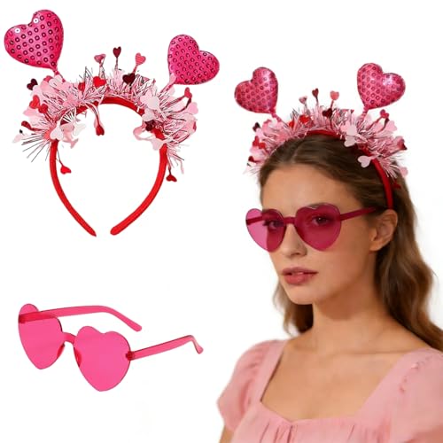 Valentines Pink Heart Headband Plush Sparkly Hair Hoop for Women