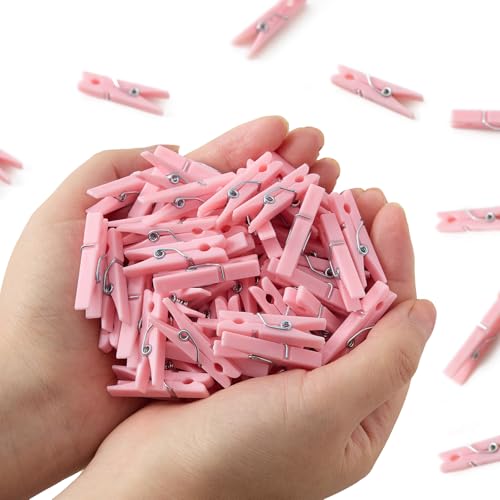 100 Pcs Pink Mini Clothespins with Jute Twine for Baby Shower