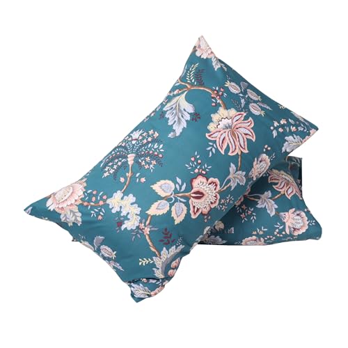 Teal Floral Cotton Pillowcases - Soft & Breathable 20x30" Set