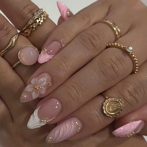 French Tip Press on Nails Medium Almond Fake Nails with 3D Floral