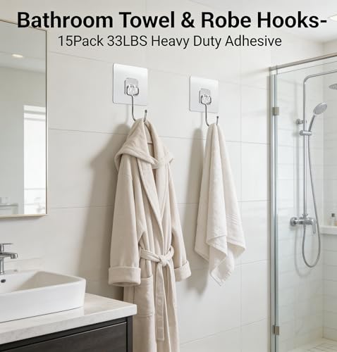 15-Pack Heavy Duty Adhesive Hooks - Transparent Waterproof Wall Hooks