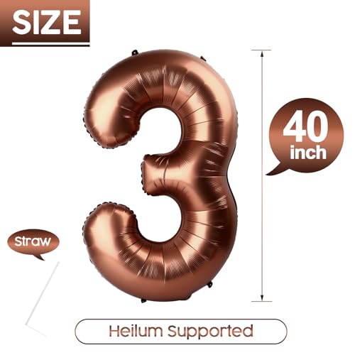 3 Brown Birthday Number Balloon - 40 Inch Foil Party Decoration