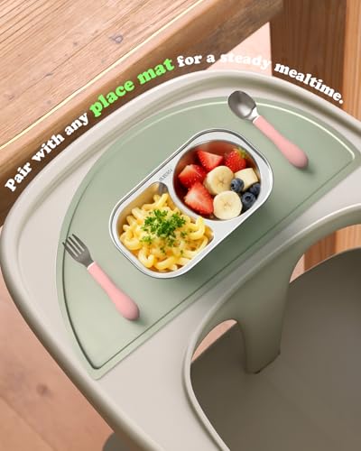 Bakpoco Stainless Steel Toddler Plates, 2-Divider Divided Kids Dish, 8.6"x5"