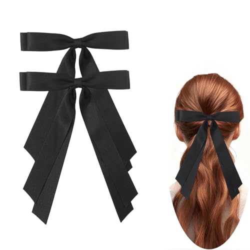 Black Satin Hair Bows for Women & Girls - 2PCS Elegant Ribbon Clips