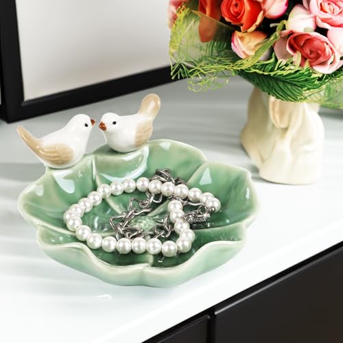 Fordonral Ceramic Bird & Lotus Leaf Jewelry Tray - Green