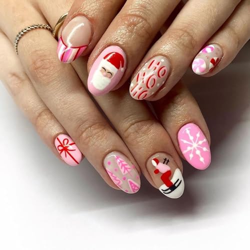 SWEKKE Christmas Press on Nails Short Almond Winter Fake Nails Glossy