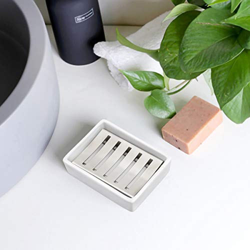 TOPSKY White Ceramic Soap Dish Holder with Stainless Steel Tray