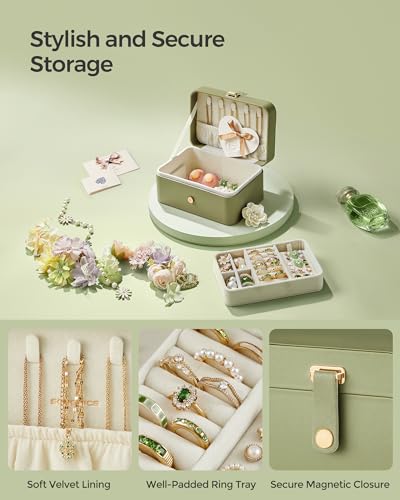 SONGMICS Travel Jewelry Organizer Case - 2-Layer Green PU Jewelry Box with Velvet Lining