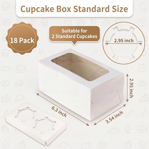 18-Pack 2-Cupcake Boxes with Clear Window, 6.3 x 3.54 x 2.95 Inch White