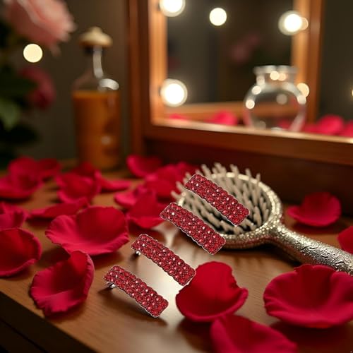 Red Rhinestone Snap Hair Clips Set of 4 Luxury Korean Hair Barrettes