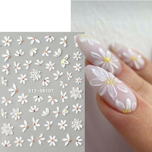 5D Embossed Flower Nail Stickers - Daisy Floral Decals 4 Sheets