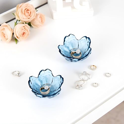 Crystal Blue Flower Ring Dish - Decorative Glass Jewelry Tray