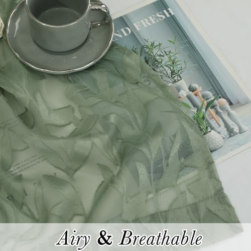 Sage Green Sheer Curtains - Jacquard Leaf Textured 2 Panels 28" W x 16" L