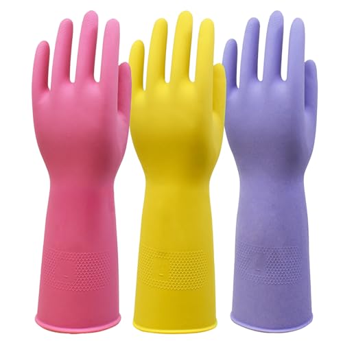 SLICK KIT Reusable Rubber Dishwashing Gloves, Medium, 3 Pairs (Pink/Yellow/Purple)