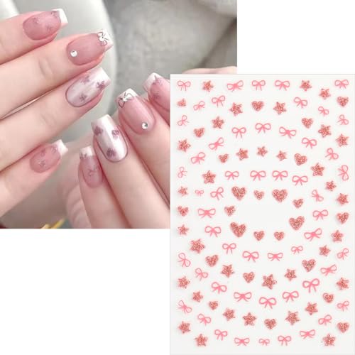 Glitter Heart Star Bows Nail Stickers 3D Self-Adhesive Decals 6 Sheets