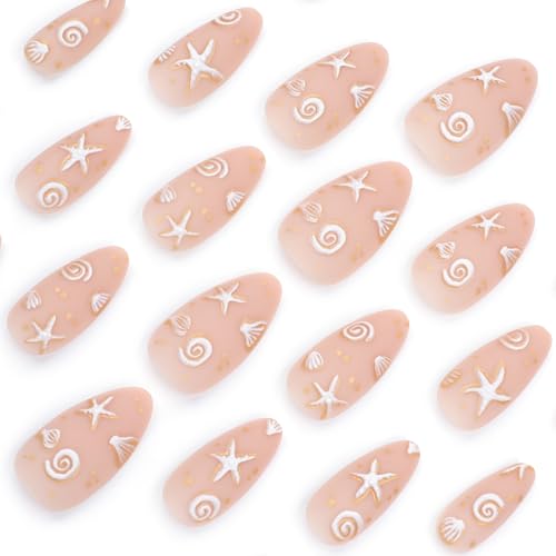 3D Nude Beach Press On Nails Almond Medium Fake Nails White Seashell