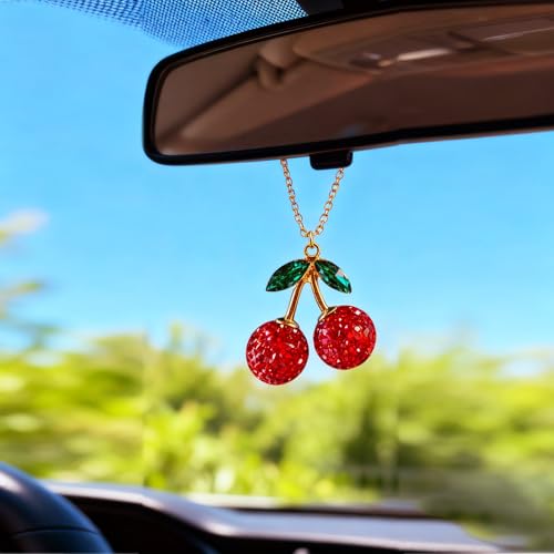 GZQCI 2-Pack Bling Red Cherry Car Mirror Charm Rearview Pendant
