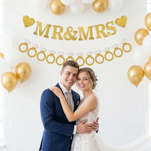 Gold Glitter MR & MRS Ring Banner Set for Weddings & Bridal Showers