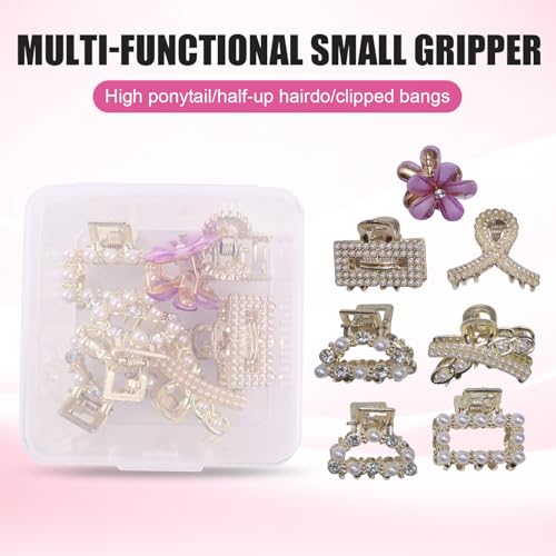 FADUIIO 7Pcs Mini Metal Hair Claw Clips with Pearls & Rhinestones
