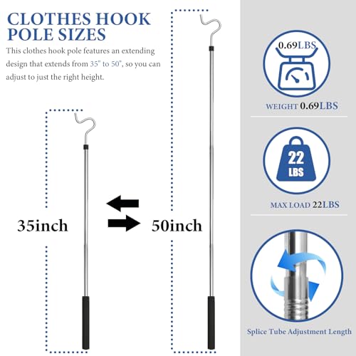 Greeily 50-inch Extendable Clothes Hook Pole Stainless Steel Reach & Hanging Tool