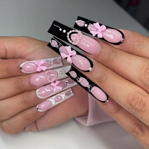 Long Square Press on Nails Black and White French 3D Bow Pearl False Nails