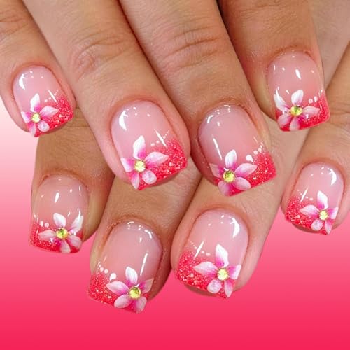 ZOAZJINAZ Peach Blossom Press On Nails Pink French Glitter False Nails