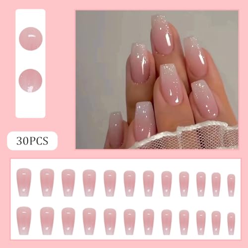 Hrnsnails Coffin Press On Nails Medium Long Ombre Glitter Acrylic Fake Nails