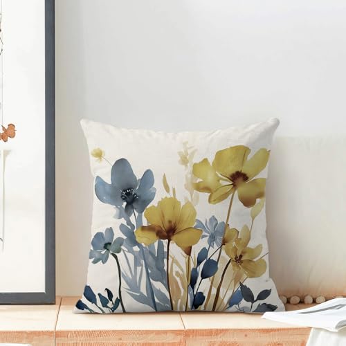 Vintage Floral Pillow Covers 20x20 Inch, Blue Yellow Linen Throw Pillows Set of 2