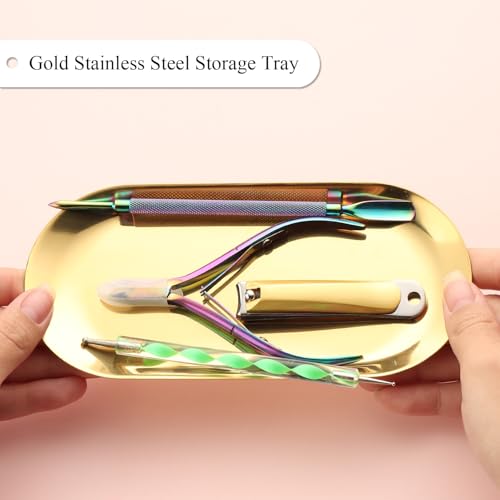 FSpronail Gold Stainless Steel Oval Nail Art Storage Tray & Jewelry Holder