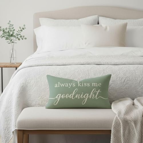 Always Kiss Me Goodnight Lumbar Pillow Cover, 12x20 Sage Green Throw Case