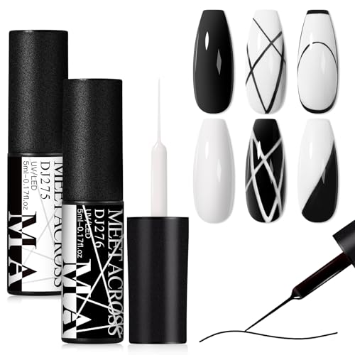 MEET ACROSS Black and White Nail Art Liner Gel Polish Set with Built-In Brush