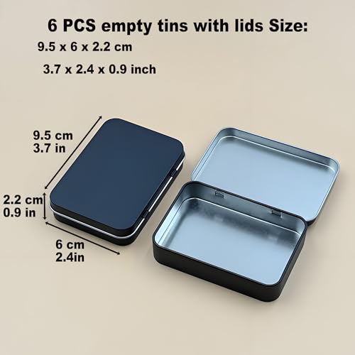 6-Pack Black Hinged Metal Tins, 3.7 x 2.4 x 0.9 in for Craft Organization