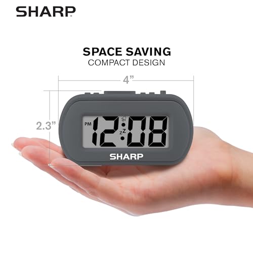 Sharp Digital Alarm Clock, Battery Operated with Backlight, Charcoal Black