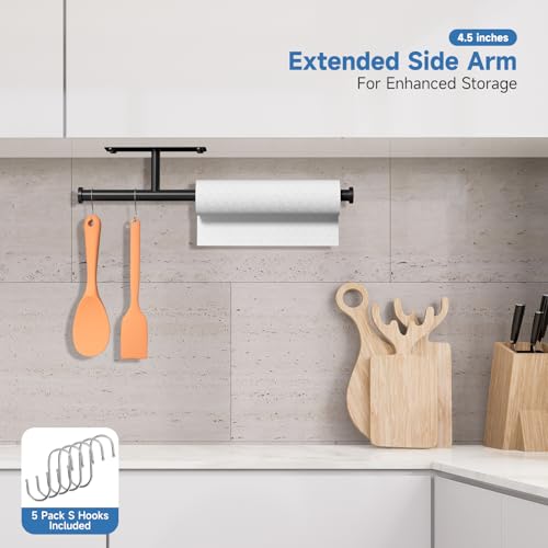 TONHTCAT Black Under Cabinet Paper Towel Holder with 5 Hooks & Extended Arm