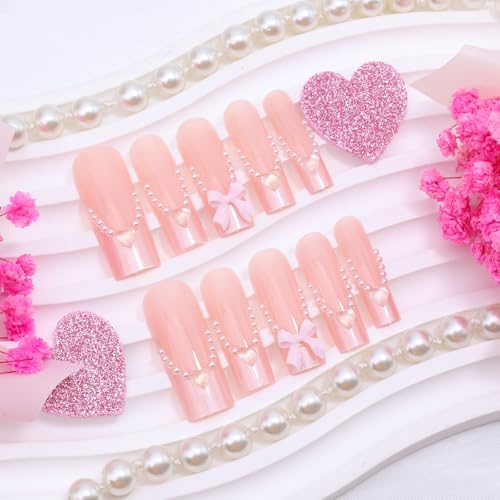 Pink French Tip Press on Nails Long Square with 3D Bow Heart