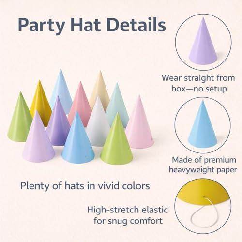Pre-Assembled Pastel Party Hats for Adults - Birthday Celebration