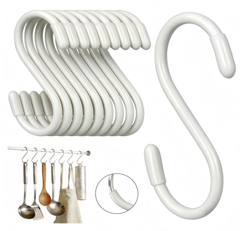 3 Inch Vinyl Coated S Hooks - Heavy Duty Non-Slip Steel Hooks, 10 Pack White