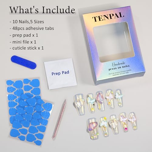 TENPAL Handmade Press on Nails Coffin 3D Crystal Heart Aurora False Nails XS