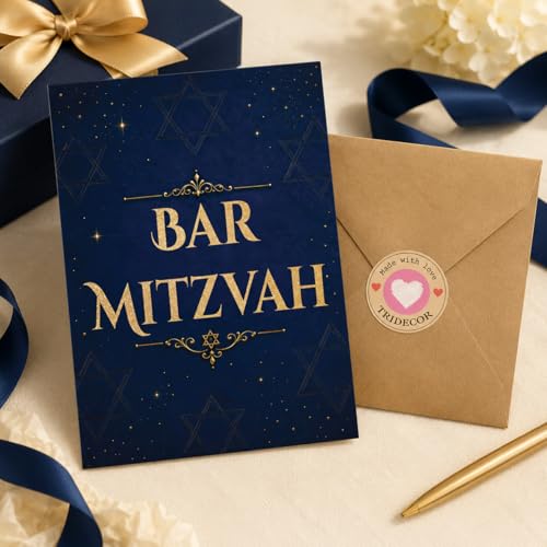 Elegant Bar Mitzvah Greeting Card - 5x7 Navy & Gold Folded Card with Envelope
